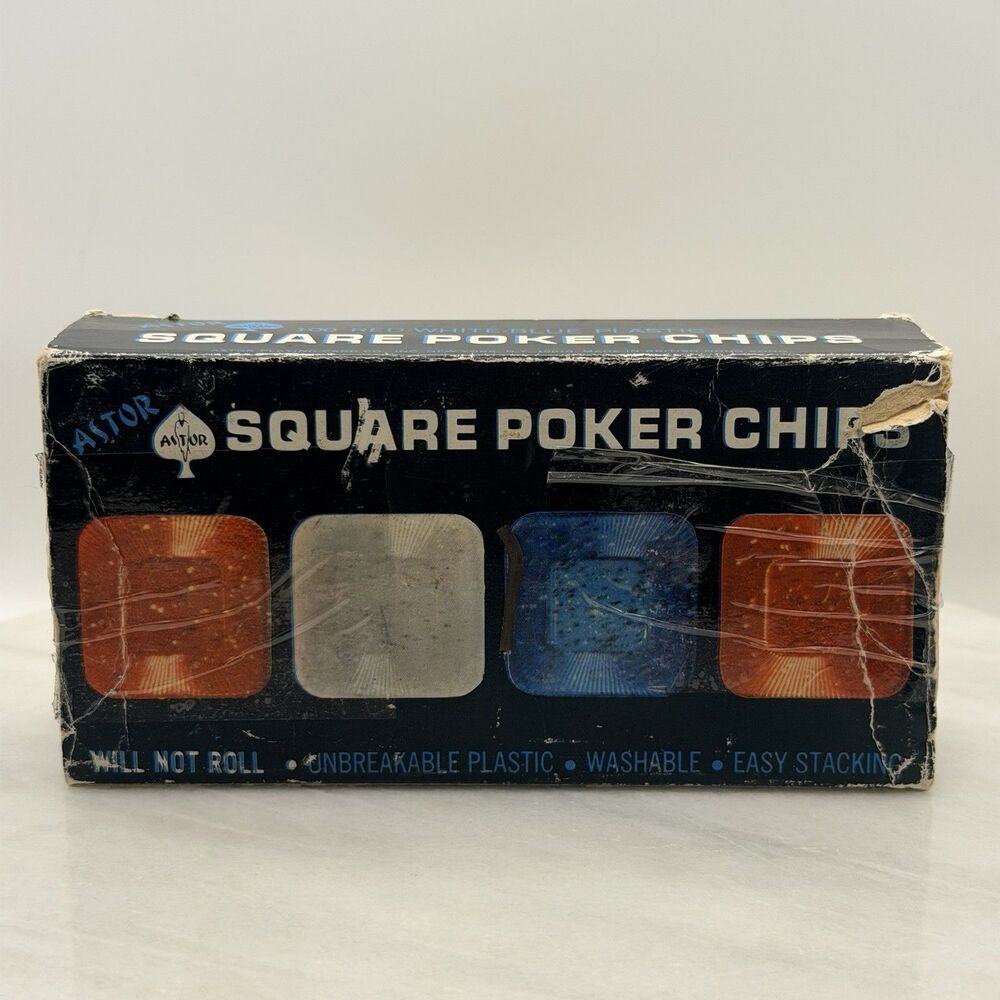Vintage Astor Square Poker Chips 99 Red Blue Clear No Roll Original Box Hong Kon